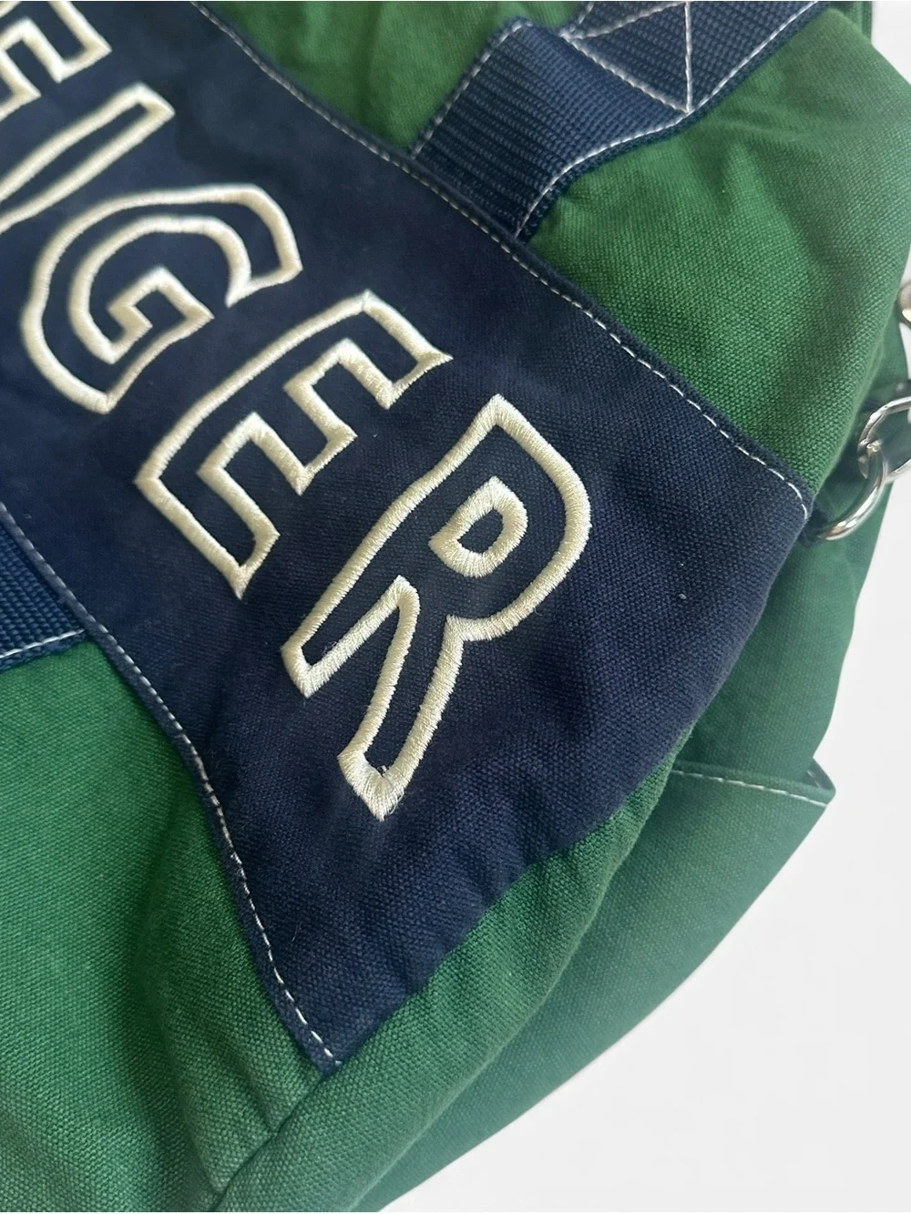 Tommy Hilfiger Green and Navy Canvas Weekend Duffel Y2K